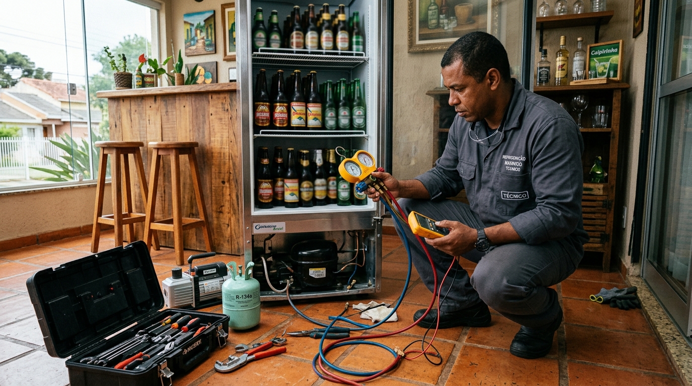 Profissional executando reparo no motor de cervejeira em João Pessoa‑PB
