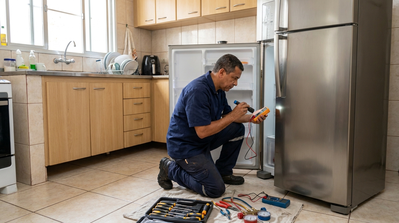 Técnico aplicando recarga de gás refrigerante em geladeira em João Pessoa‑PB